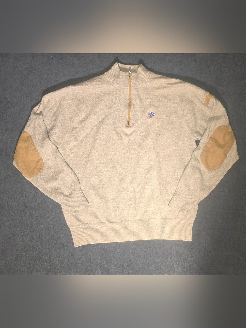 Peter Millar Mens Quarter Zip Sweater XL Beige Italian Merino Wool Elbow Patches